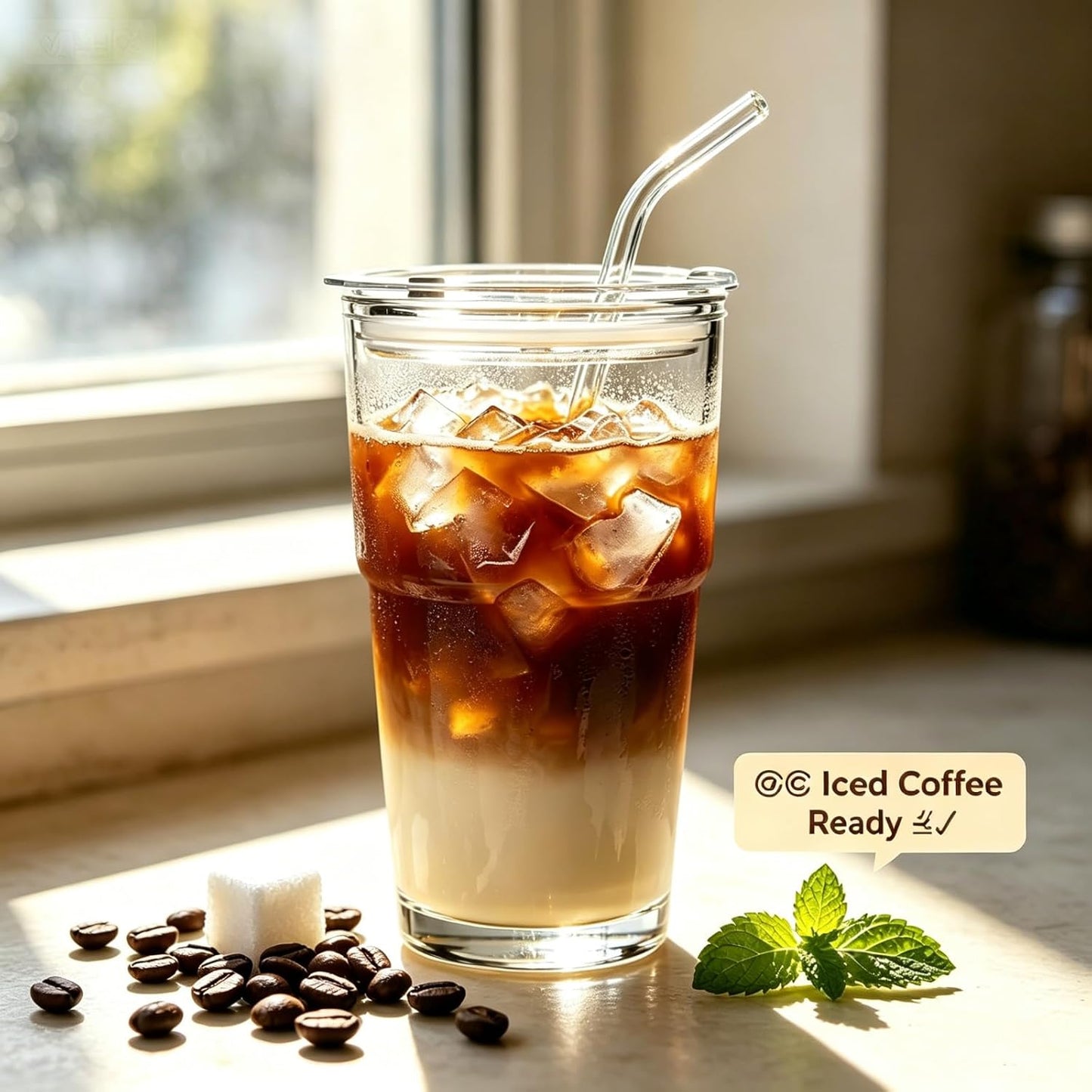 20 oz Glass Tumblers, Iced Coffee Cups with Lids and Glass Straws, Thickened Wall Ribbed Glass Cups, Ideal for Smoothies, Cocktails, and Juices – Vintage and Durable Drinkware – 1 Pack