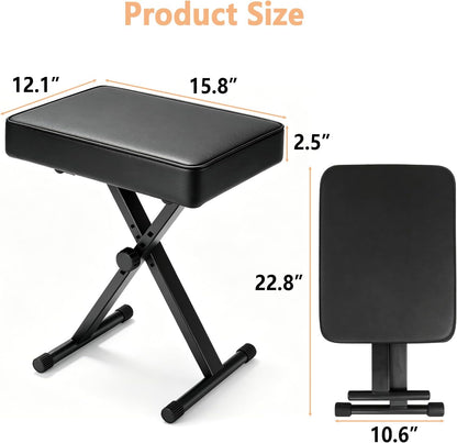 Keyboard Bench Adjustable Piano Stool - Extra Comfortable Piano Bench with High Rebound Sponge Cushion,No Deformation,Superior Support,X-Style Portable Foldable Piano Chair, 4 Height Adjustment