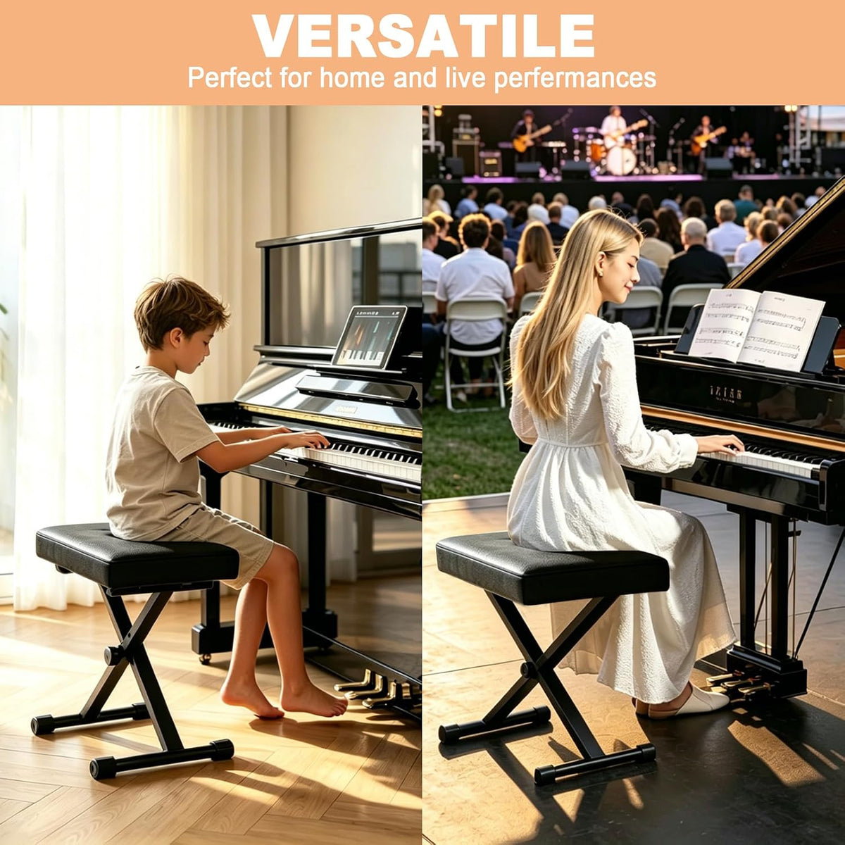 Keyboard Bench Adjustable Piano Stool - Extra Comfortable Piano Bench with High Rebound Sponge Cushion,No Deformation,Superior Support,X-Style Portable Foldable Piano Chair, 4 Height Adjustment
