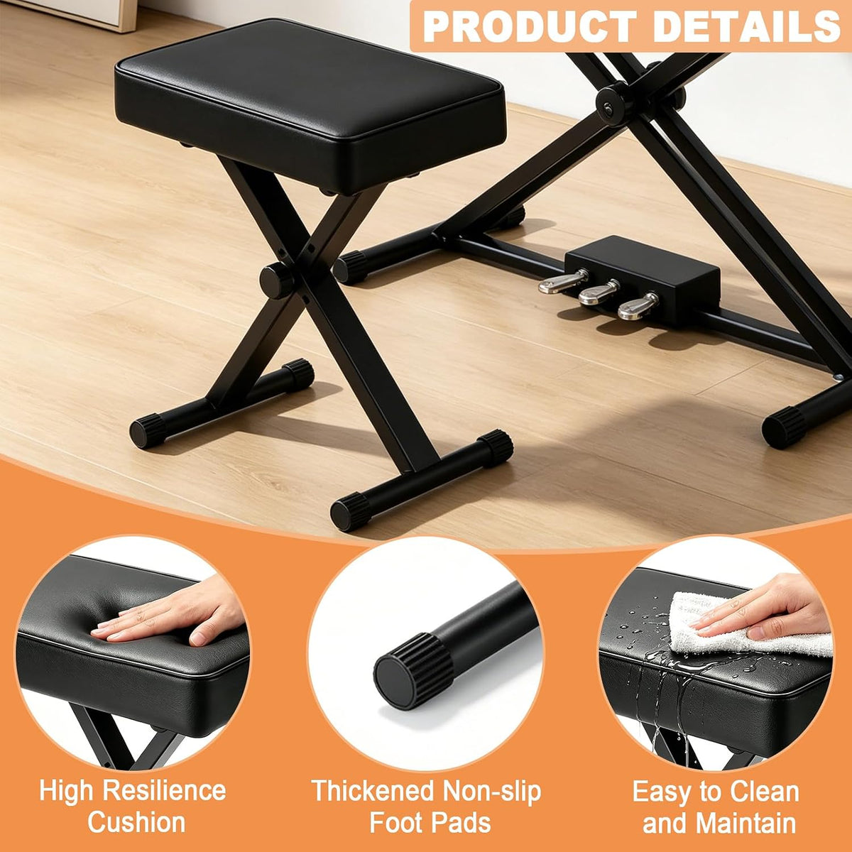 Keyboard Bench Adjustable Piano Stool - Extra Comfortable Piano Bench with High Rebound Sponge Cushion,No Deformation,Superior Support,X-Style Portable Foldable Piano Chair, 4 Height Adjustment