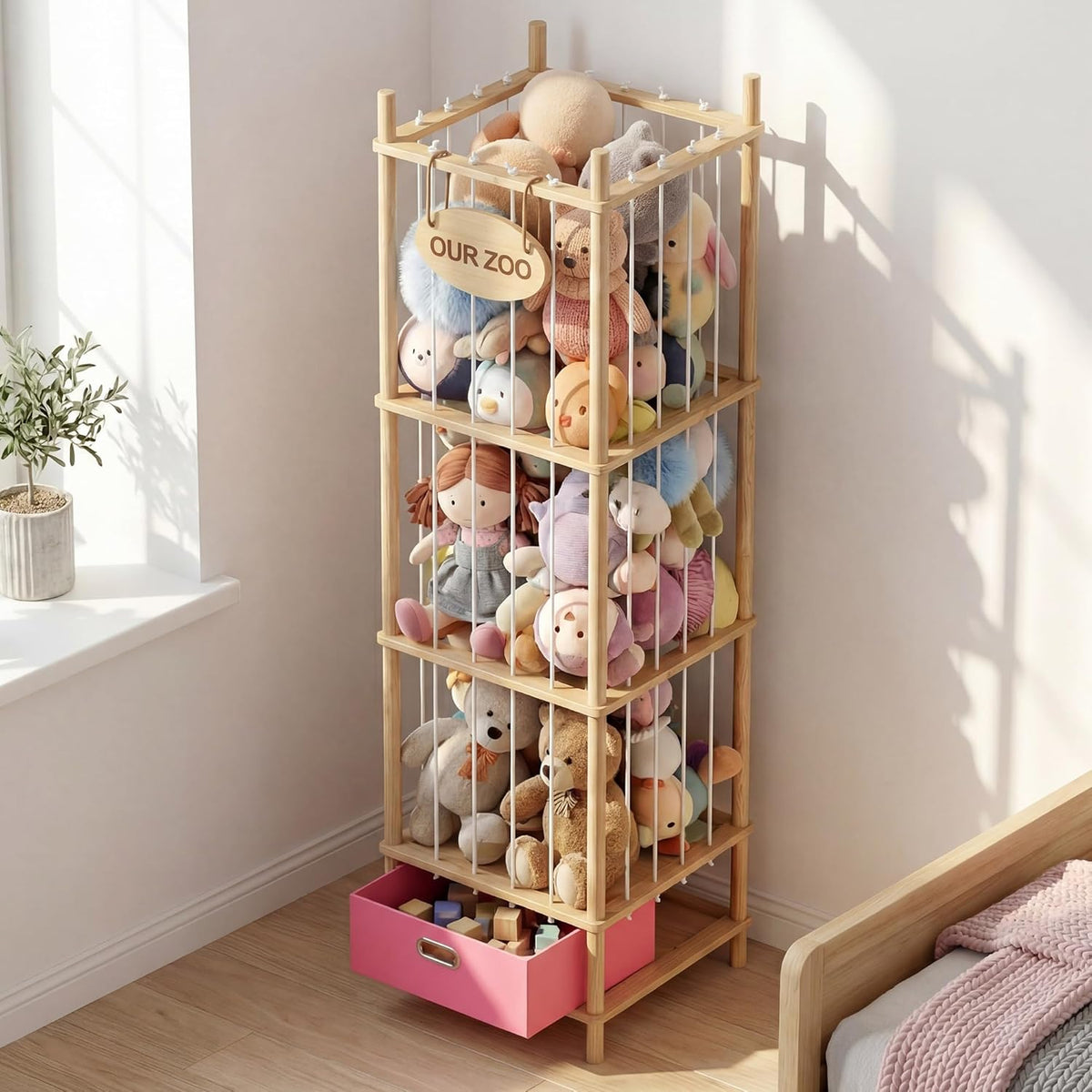 Brelley Stuffed Animal Storage Zoo Wood Toy Storage Organizer with Drawer