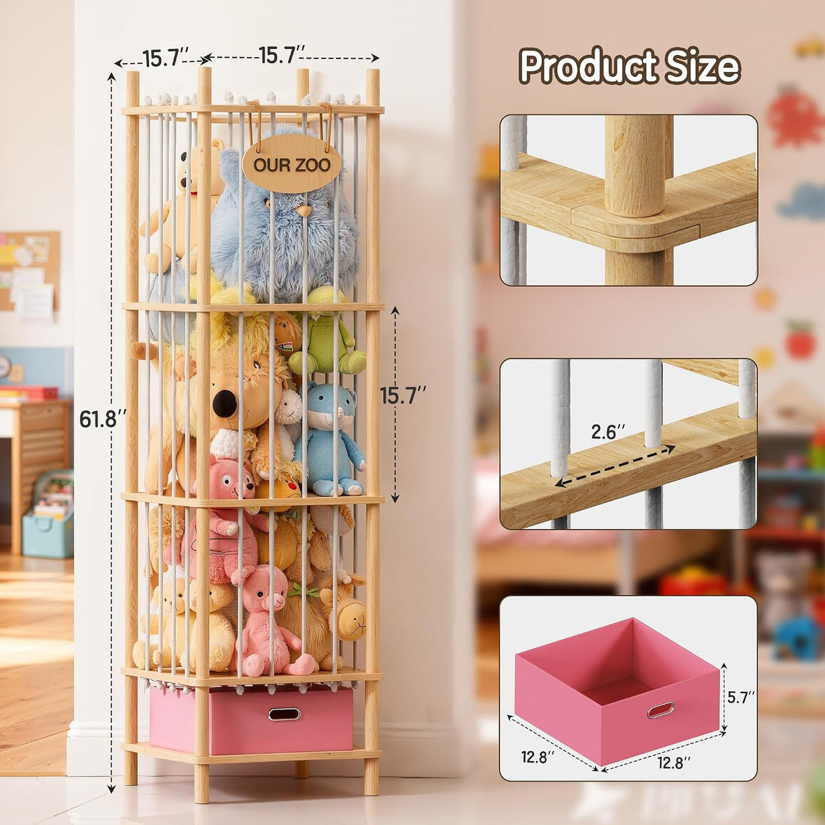 Brelley Stuffed Animal Storage Zoo Wood Toy Storage Organizer with Drawer