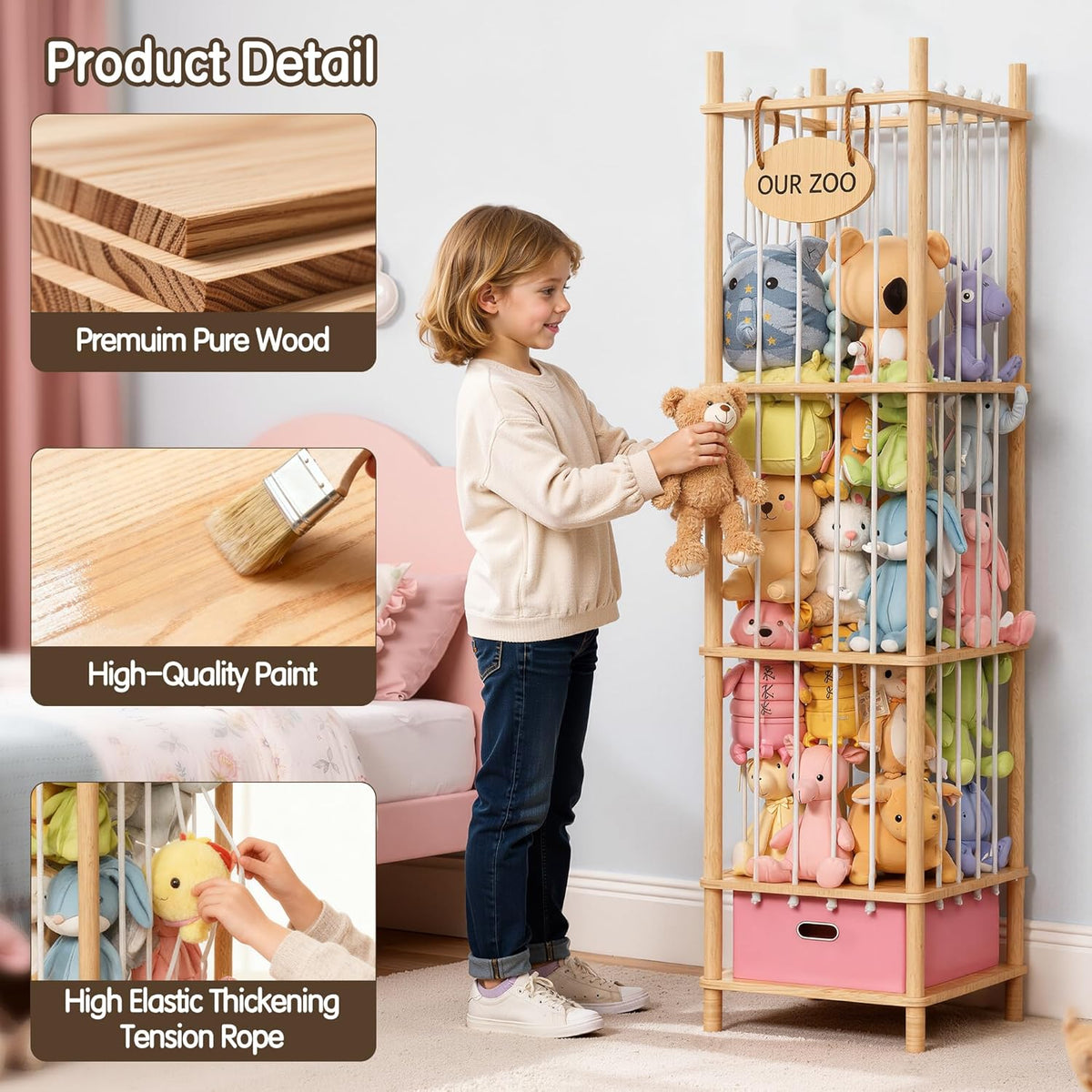 Brelley Stuffed Animal Storage Zoo Wood Toy Storage Organizer with Drawer