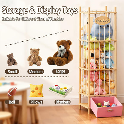 Brelley Stuffed Animal Storage Zoo Wood Toy Storage Organizer with Drawer