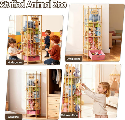 Brelley Stuffed Animal Storage Zoo Wood Toy Storage Organizer with Drawer