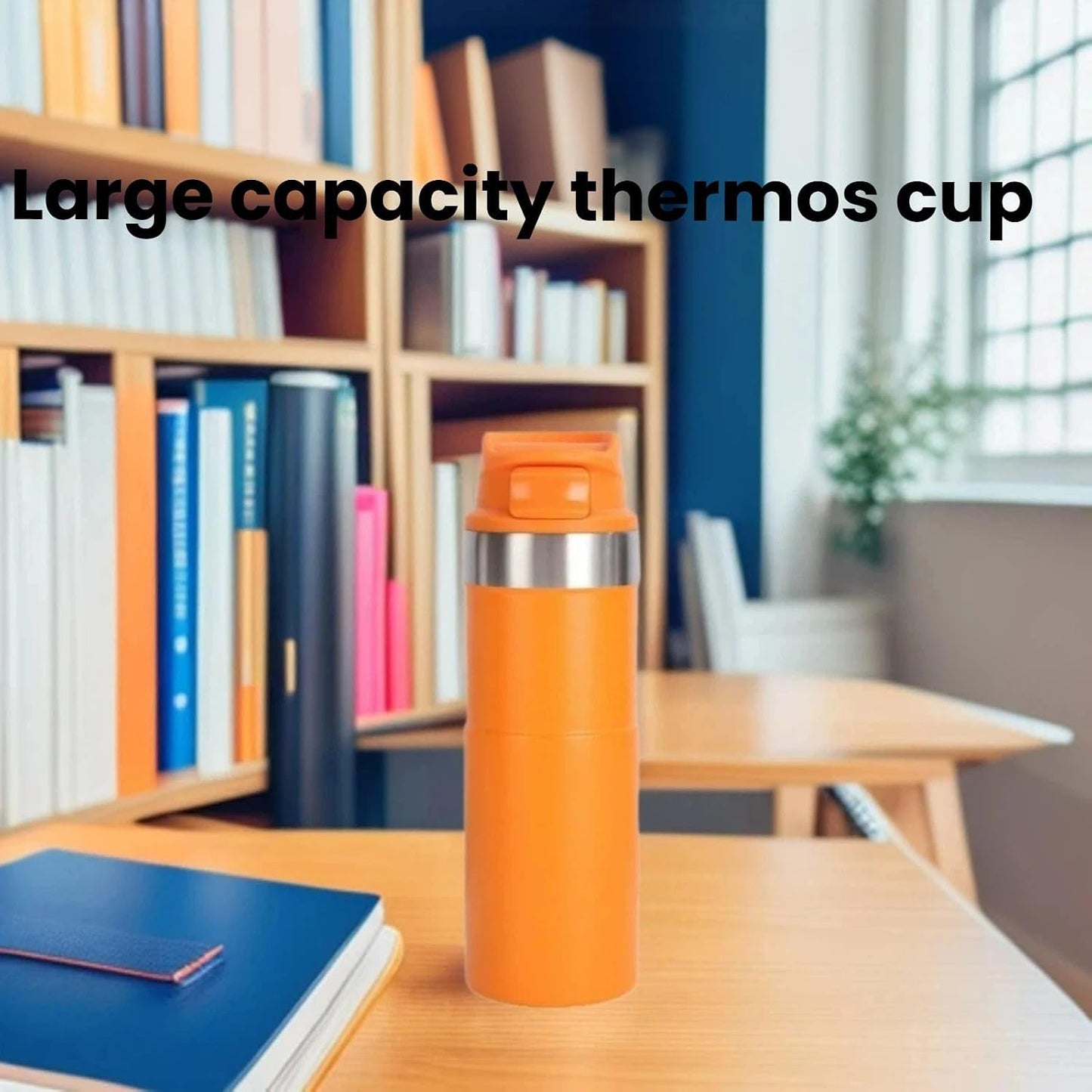 16oz Trigger Action Travel Mug 500ml Stainless Steel Coffee Tumbler, Leak-Proof Car Cup with Bamboo-Styled Anti-Slip Grip, Double Wall Vacuum Insulated Tea Bottle for Commute (Dark Blue)