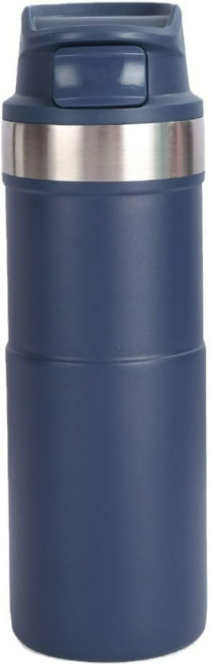 16oz Trigger Action Travel Mug 500ml Stainless Steel Coffee Tumbler, Leak-Proof Car Cup with Bamboo-Styled Anti-Slip Grip, Double Wall Vacuum Insulated Tea Bottle for Commute (Dark Blue)