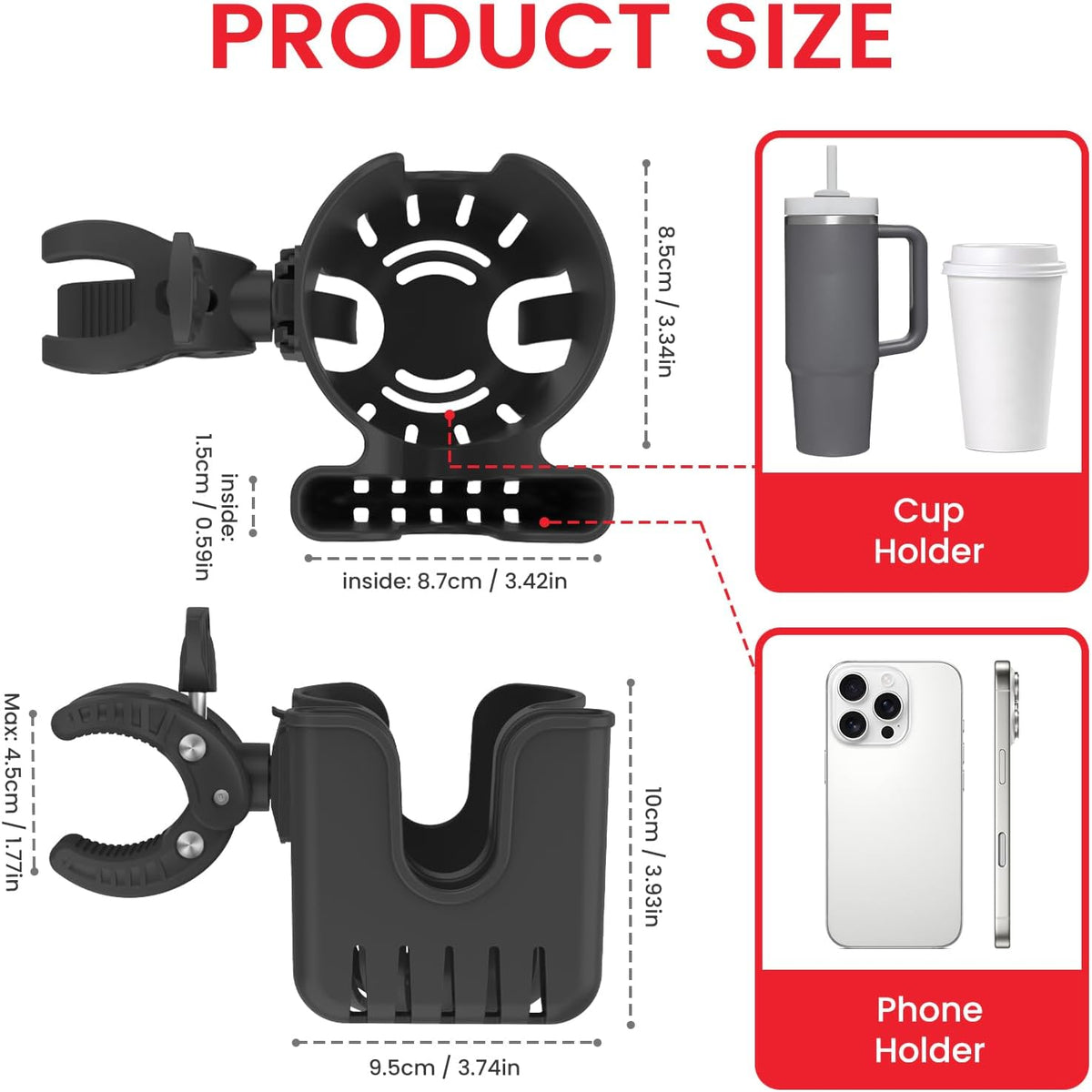 Stroller Cup Holder Attachment with Phone Holder Black