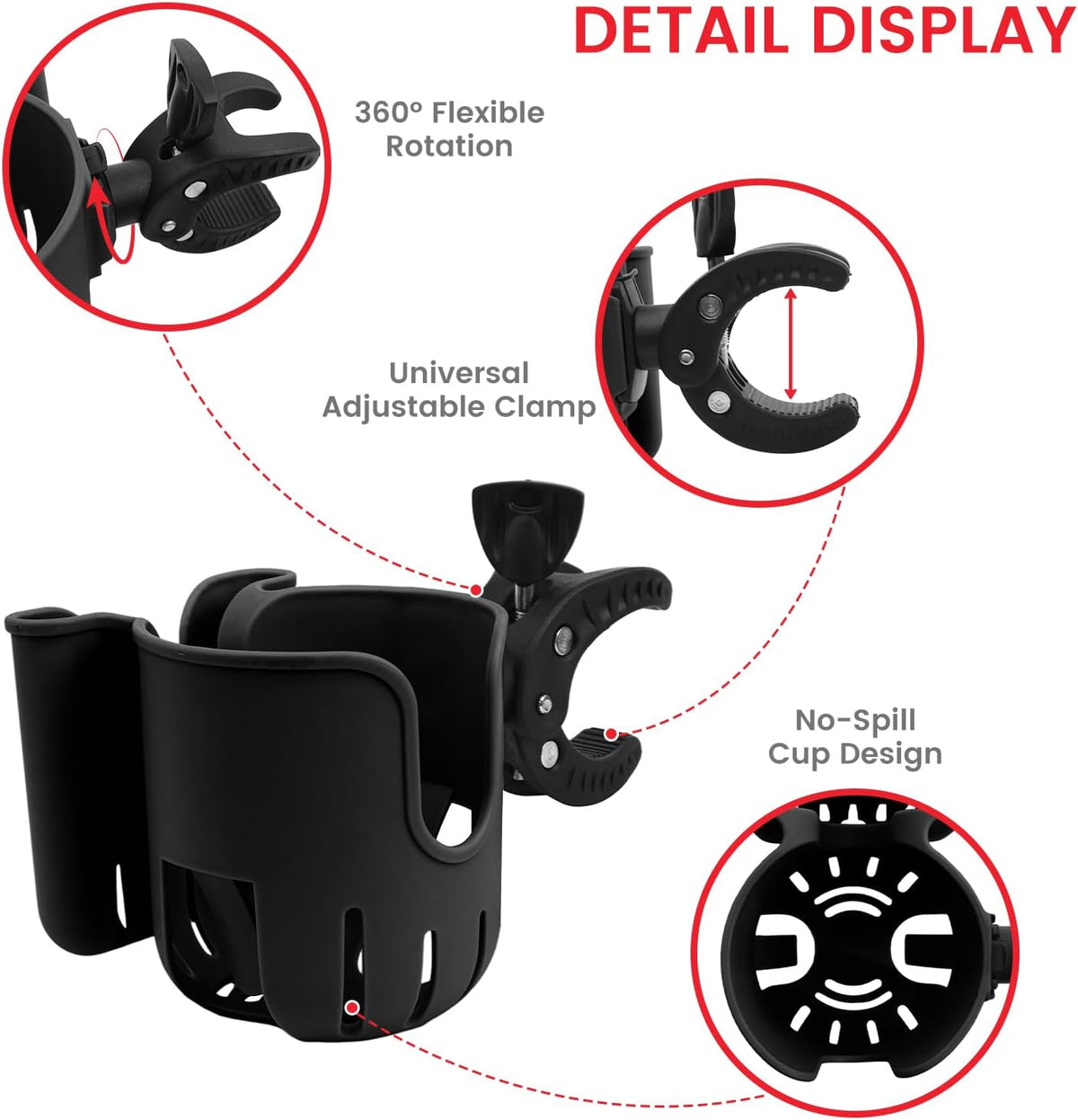 Stroller Cup Holder Attachment with Phone Holder Black