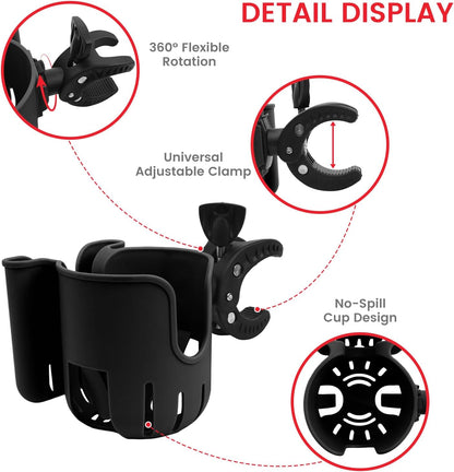 Stroller Cup Holder Attachment with Phone Holder Black
