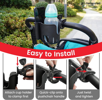 Stroller Cup Holder Attachment with Phone Holder Black