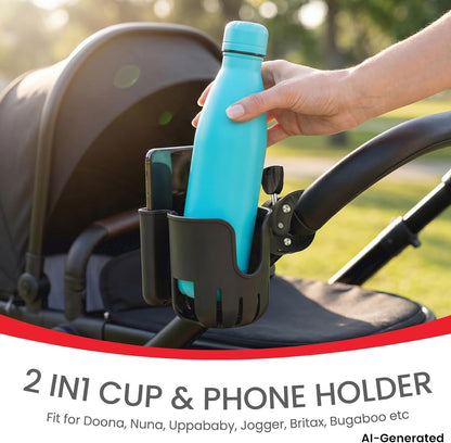 Stroller Cup Holder Attachment with Phone Holder Black