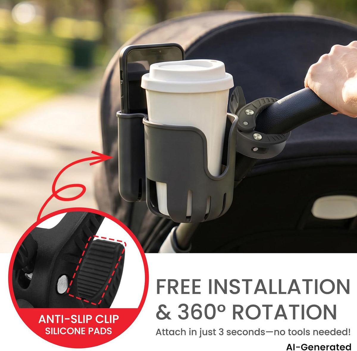 Stroller Cup Holder Attachment with Phone Holder Black