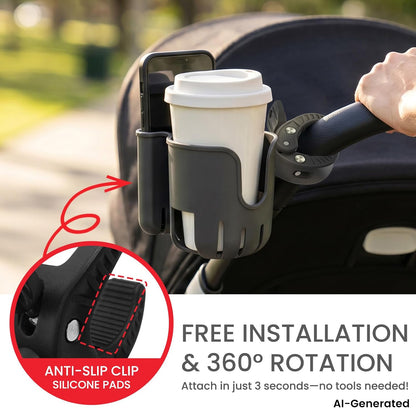 Stroller Cup Holder Attachment with Phone Holder Black