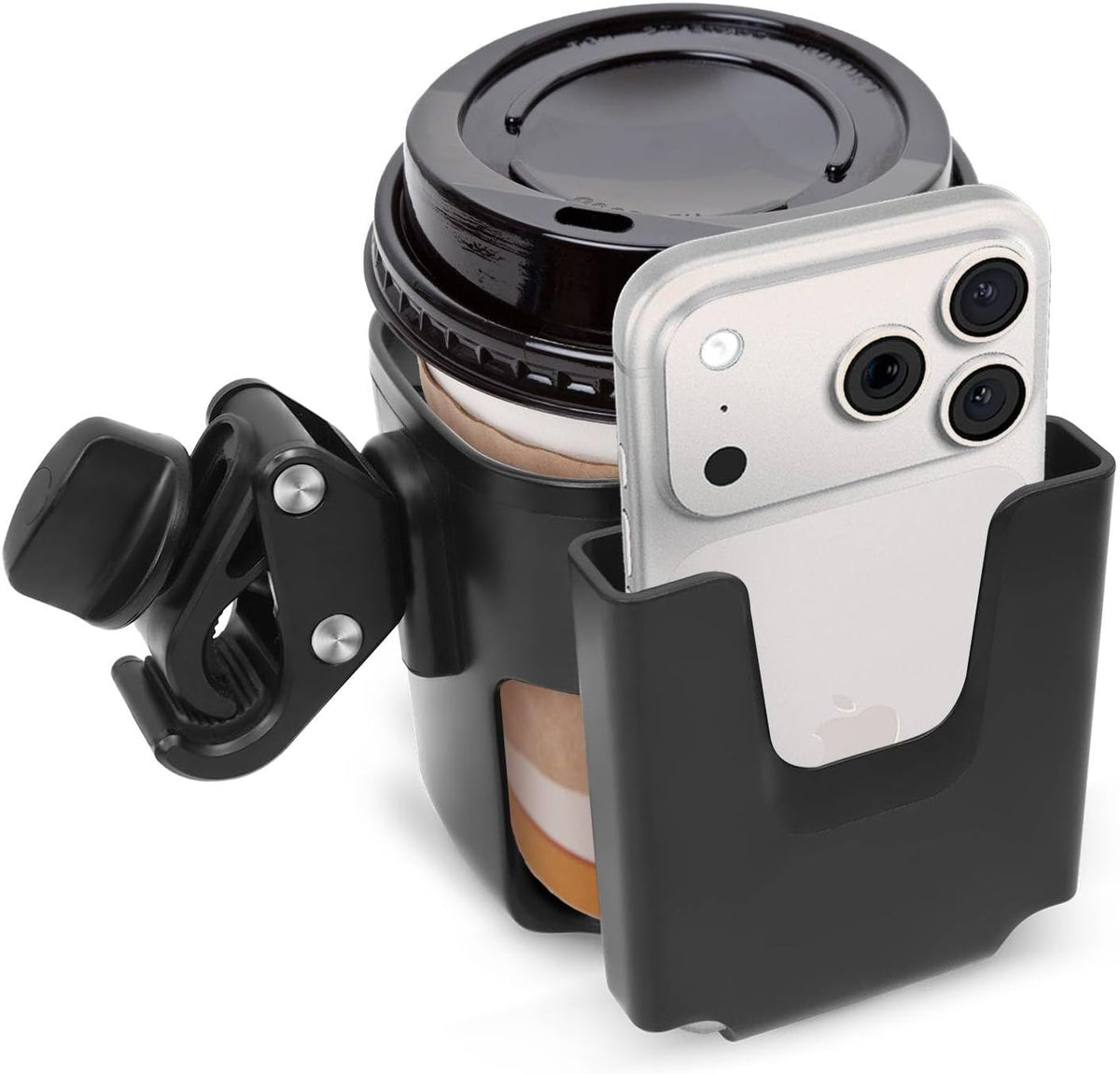 Stroller Cup Holder Attachment with Phone Holder Black