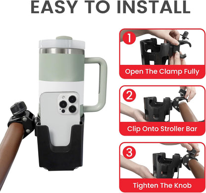 Stroller Cup Holder Attachment with Phone Holder Black