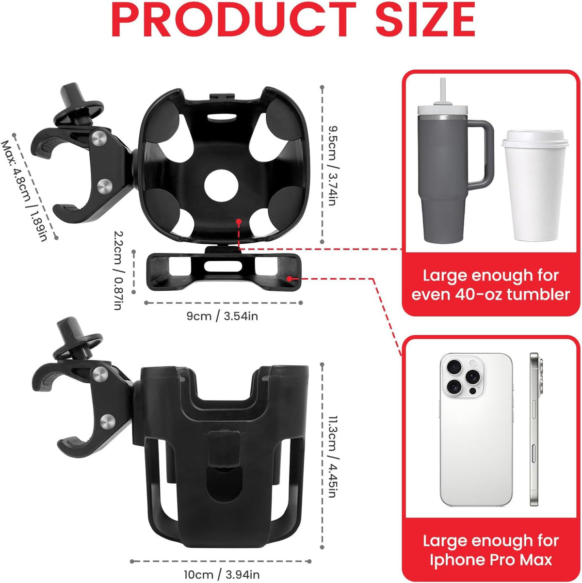 Stroller Cup Holder Attachment with Phone Holder Black