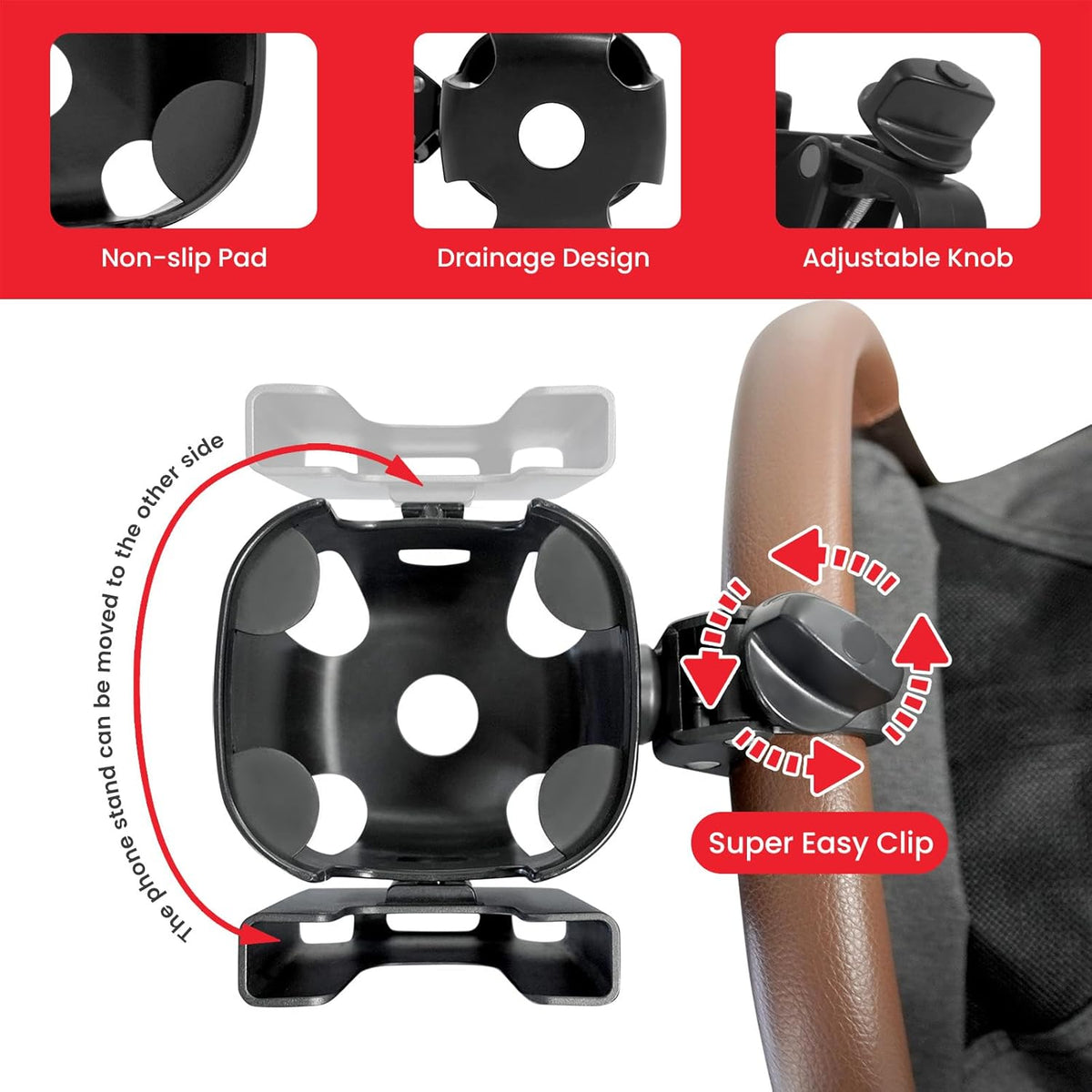 Stroller Cup Holder Attachment with Phone Holder Black