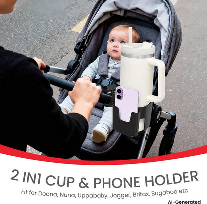 Stroller Cup Holder Attachment with Phone Holder Black