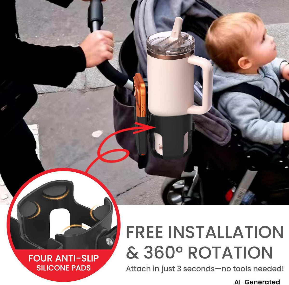 Stroller Cup Holder Attachment with Phone Holder Black