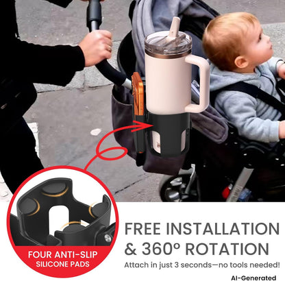 Stroller Cup Holder Attachment with Phone Holder Black