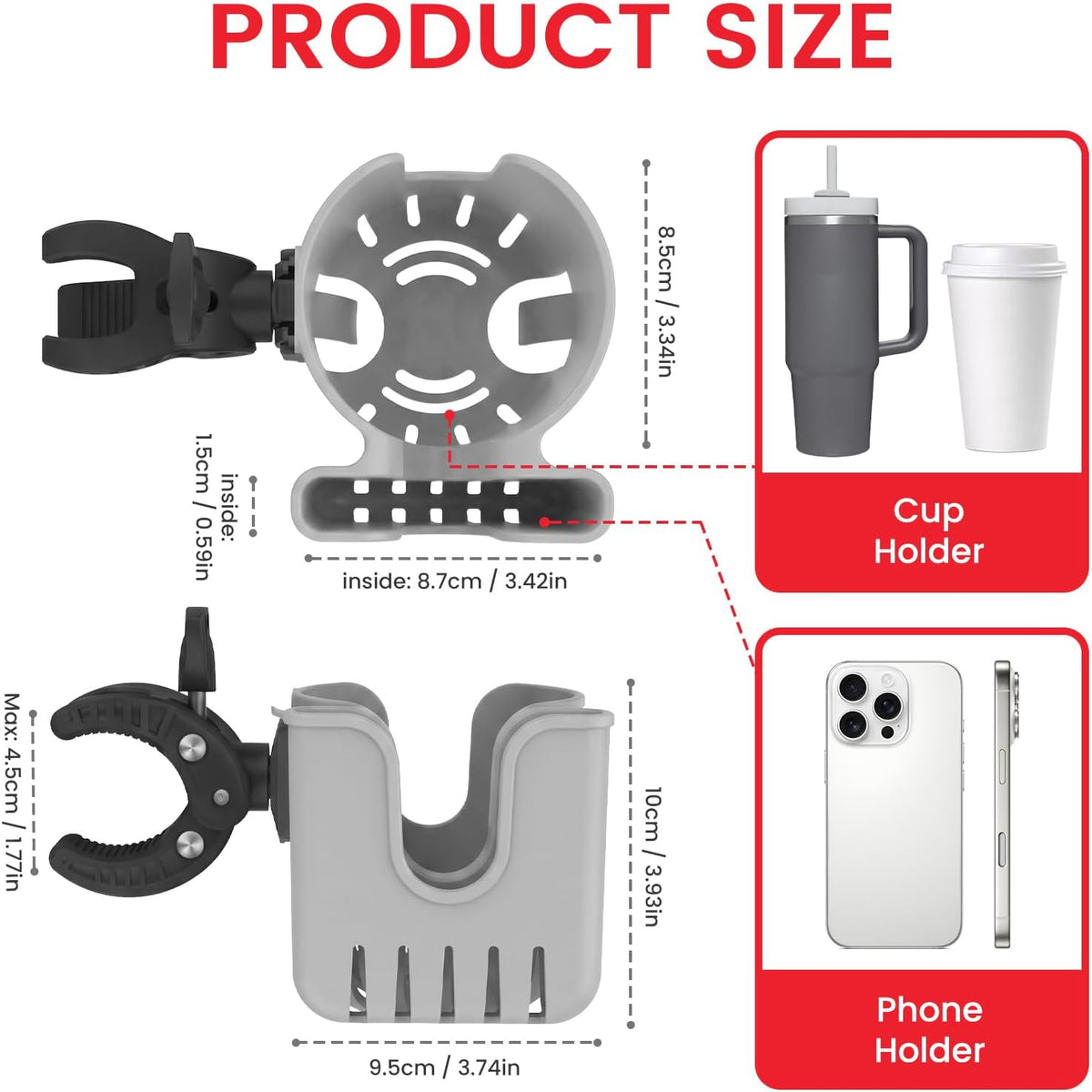 Stroller Cup Holder Attachment with Phone Holder Black