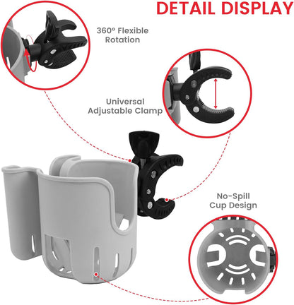 Stroller Cup Holder Attachment with Phone Holder Black