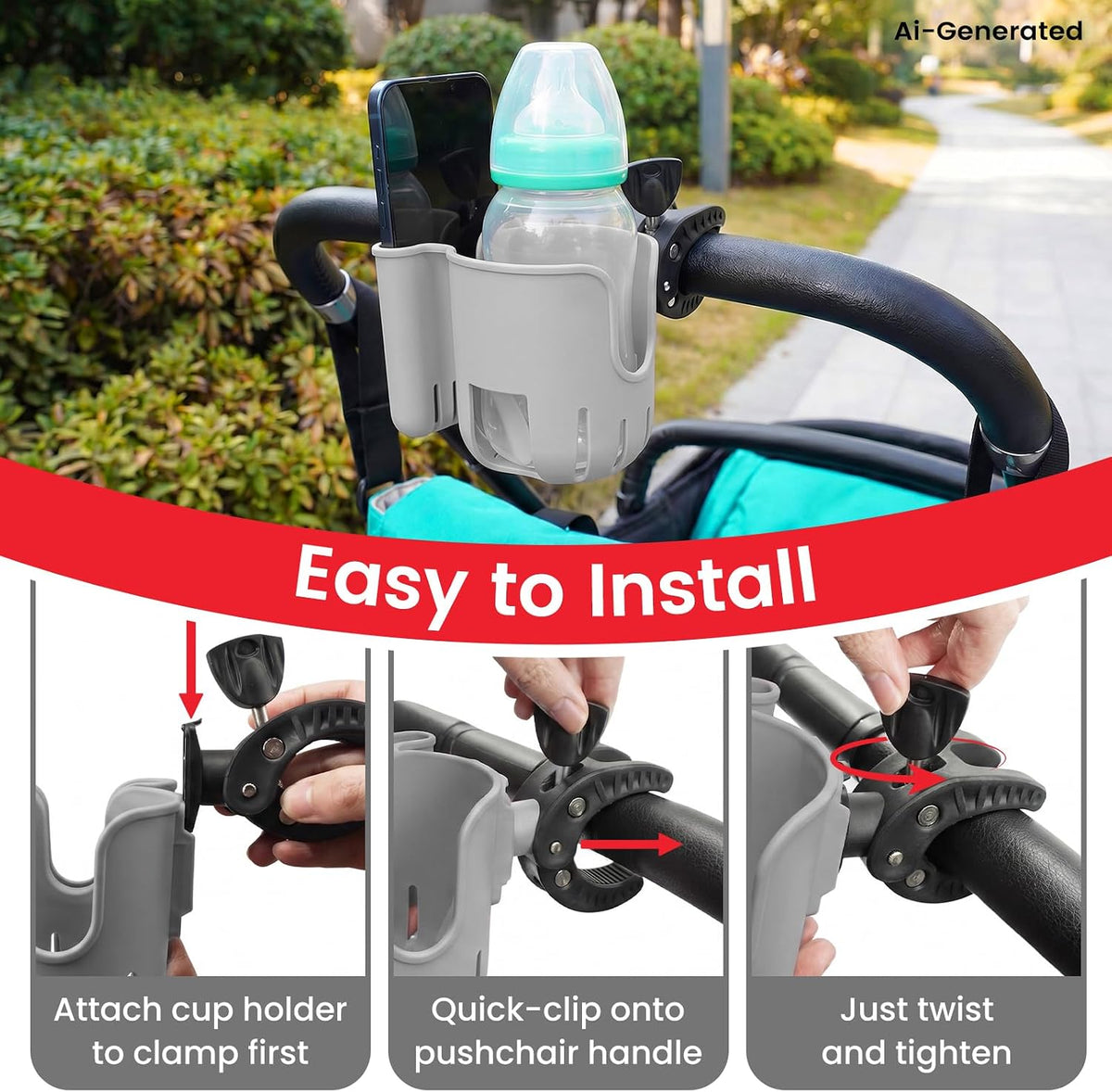 Stroller Cup Holder Attachment with Phone Holder Black