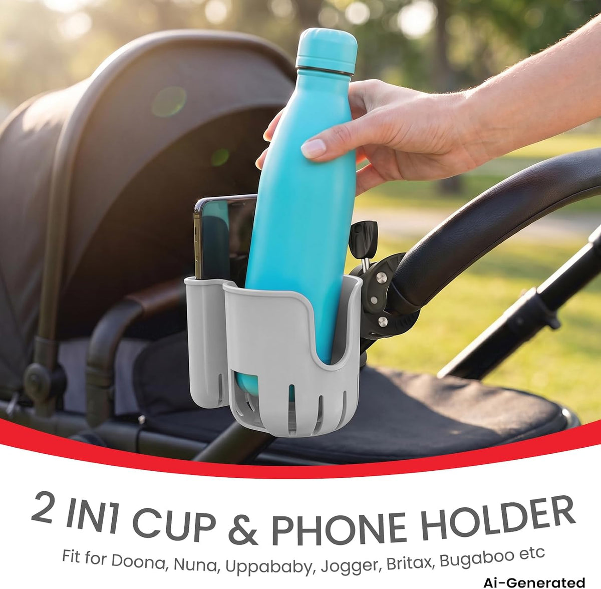 Stroller Cup Holder Attachment with Phone Holder Black