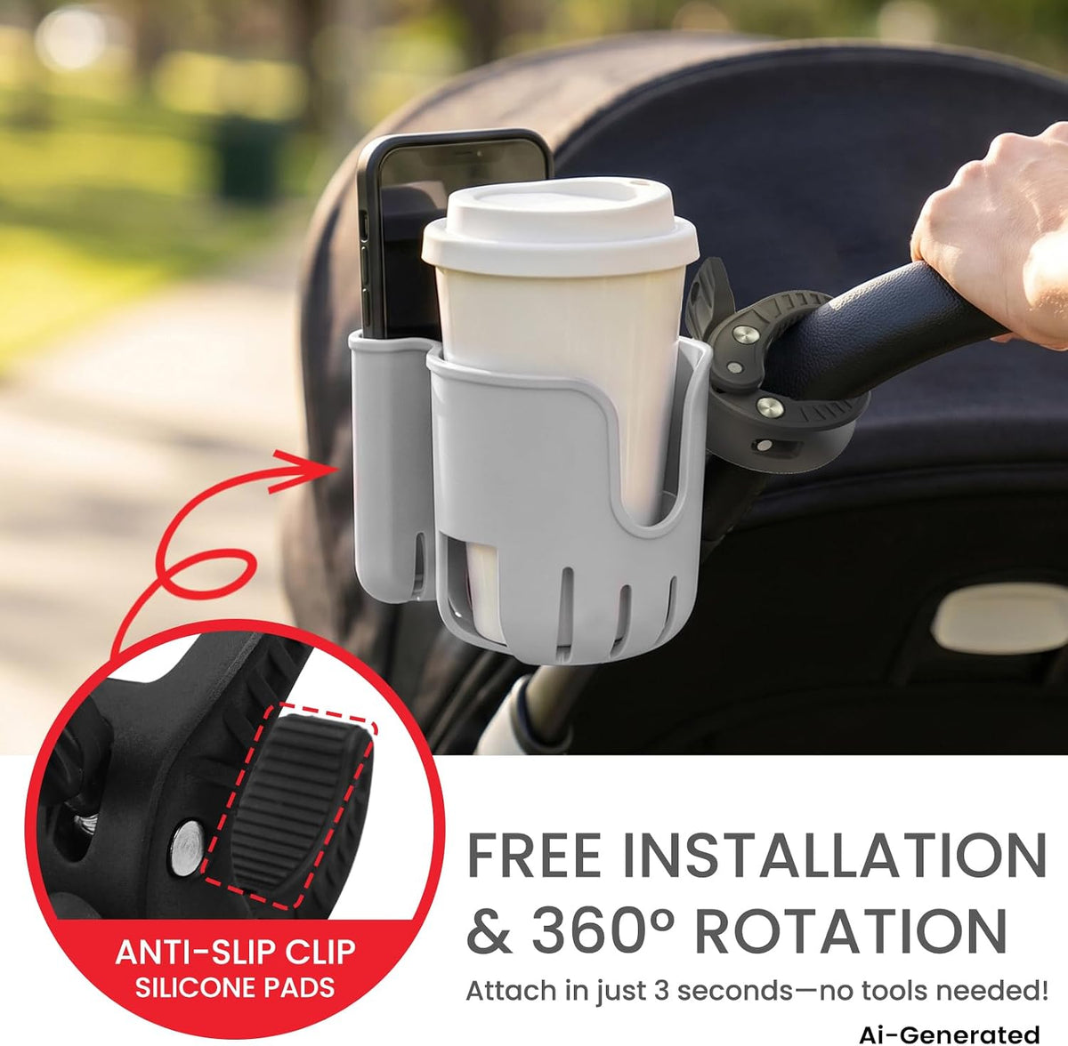 Stroller Cup Holder Attachment with Phone Holder Black