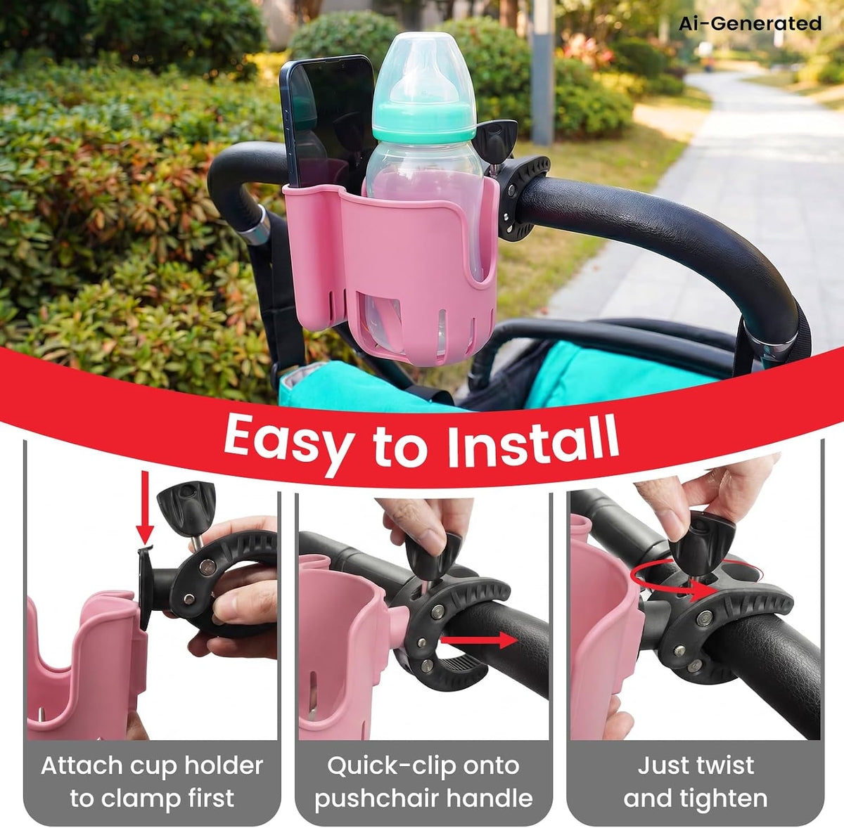 Stroller Cup Holder Attachment with Phone Holder Black