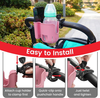 Stroller Cup Holder Attachment with Phone Holder Black