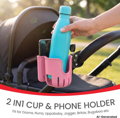Stroller Cup Holder Attachment with Phone Holder Black