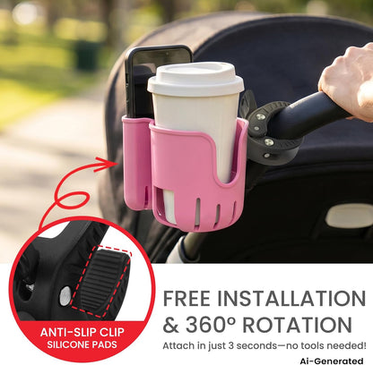 Stroller Cup Holder Attachment with Phone Holder Black