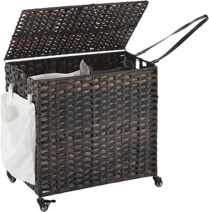 Laundry Hamper with Wheels, 52.8 Gallon(200L) Rolling Laundry Basket with Lid, Removable Large 3 Color Liners & 3 Mesh Laundry Bags, Clothes Hamper with Side Pocket, Natural
