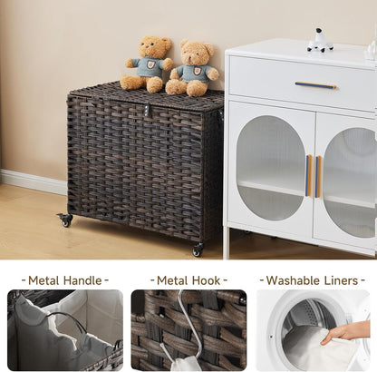 Laundry Hamper with Wheels, 52.8 Gallon(200L) Rolling Laundry Basket with Lid, Removable Large 3 Color Liners & 3 Mesh Laundry Bags, Clothes Hamper with Side Pocket, Natural