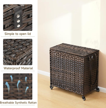 Laundry Hamper with Wheels, 52.8 Gallon(200L) Rolling Laundry Basket with Lid, Removable Large 3 Color Liners & 3 Mesh Laundry Bags, Clothes Hamper with Side Pocket, Natural