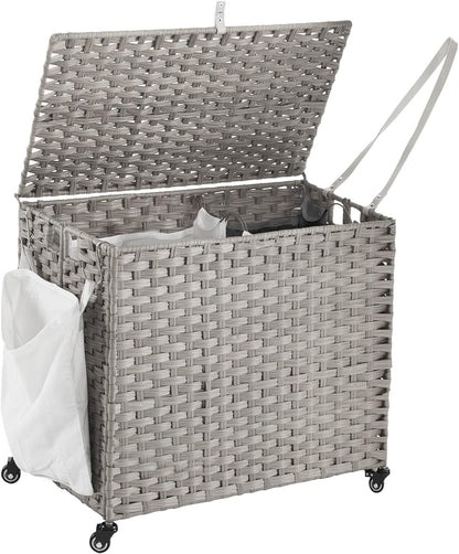 Laundry Hamper with Wheels, 52.8 Gallon(200L) Rolling Laundry Basket with Lid, Removable Large 3 Color Liners & 3 Mesh Laundry Bags, Clothes Hamper with Side Pocket, Natural