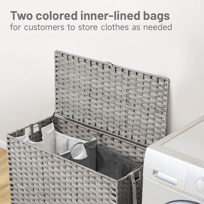 Laundry Hamper with Wheels, 52.8 Gallon(200L) Rolling Laundry Basket with Lid, Removable Large 3 Color Liners & 3 Mesh Laundry Bags, Clothes Hamper with Side Pocket, Natural