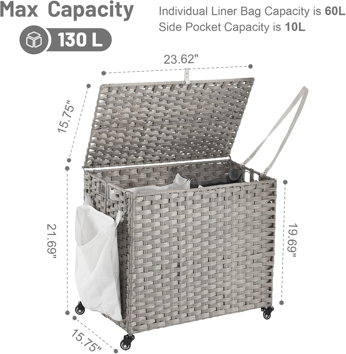 Laundry Hamper with Wheels, 52.8 Gallon(200L) Rolling Laundry Basket with Lid, Removable Large 3 Color Liners & 3 Mesh Laundry Bags, Clothes Hamper with Side Pocket, Natural