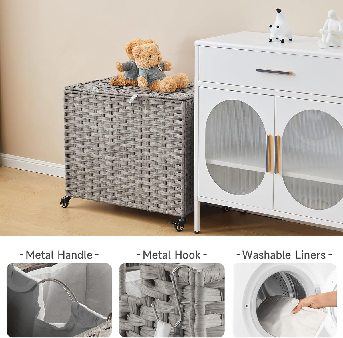 Laundry Hamper with Wheels, 52.8 Gallon(200L) Rolling Laundry Basket with Lid, Removable Large 3 Color Liners & 3 Mesh Laundry Bags, Clothes Hamper with Side Pocket, Natural