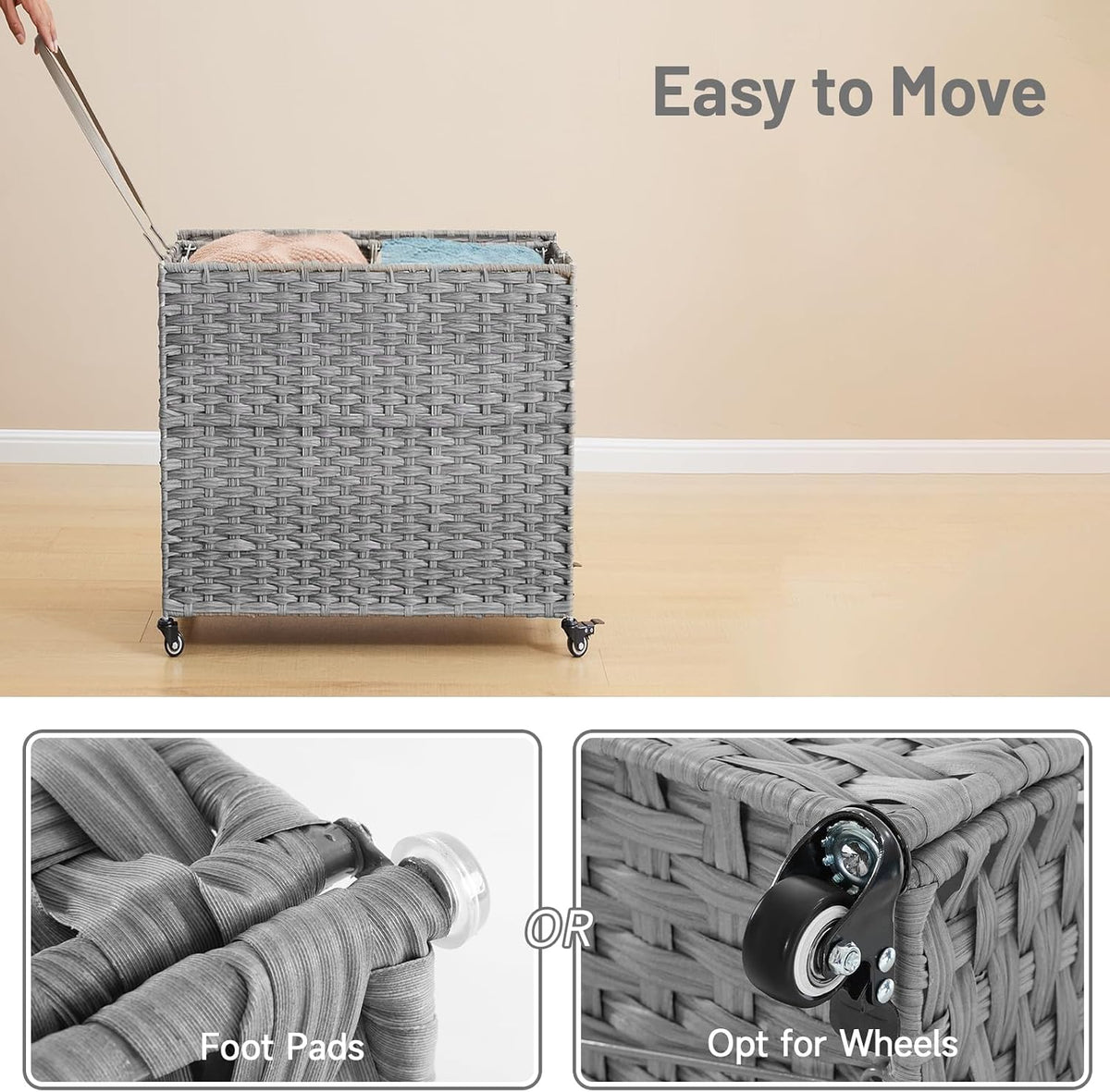Laundry Hamper with Wheels, 52.8 Gallon(200L) Rolling Laundry Basket with Lid, Removable Large 3 Color Liners & 3 Mesh Laundry Bags, Clothes Hamper with Side Pocket, Natural