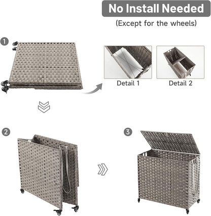 Laundry Hamper with Wheels, 52.8 Gallon(200L) Rolling Laundry Basket with Lid, Removable Large 3 Color Liners & 3 Mesh Laundry Bags, Clothes Hamper with Side Pocket, Natural