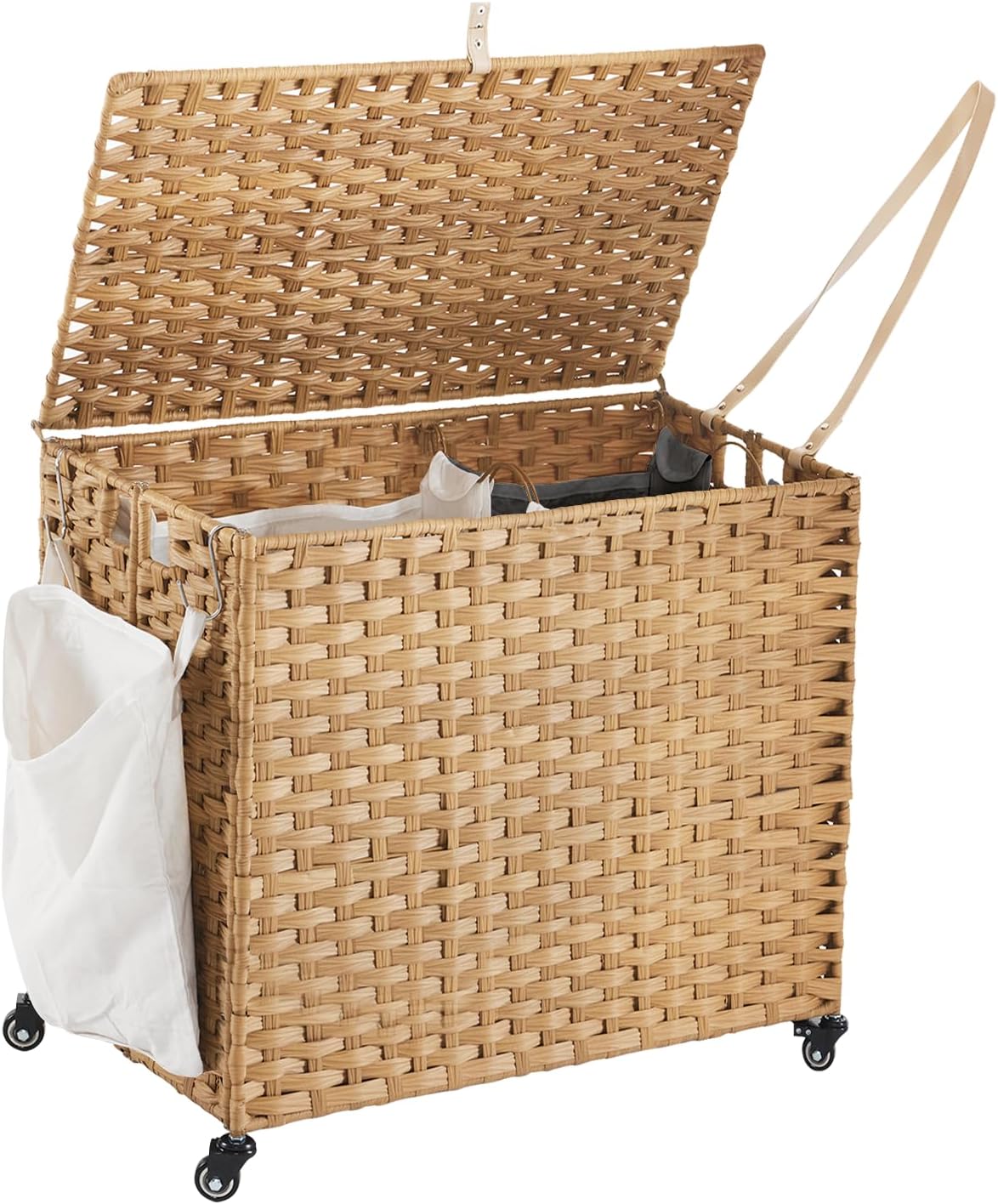 Laundry Hamper with Wheels, 52.8 Gallon(200L) Rolling Laundry Basket with Lid, Removable Large 3 Color Liners & 3 Mesh Laundry Bags, Clothes Hamper with Side Pocket, Natural