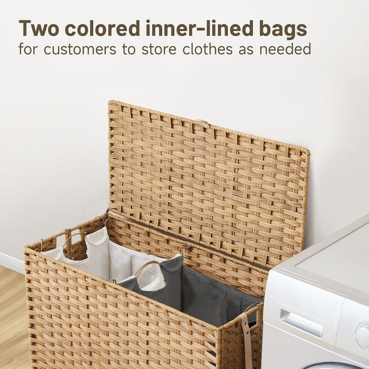 Laundry Hamper with Wheels, 52.8 Gallon(200L) Rolling Laundry Basket with Lid, Removable Large 3 Color Liners & 3 Mesh Laundry Bags, Clothes Hamper with Side Pocket, Natural