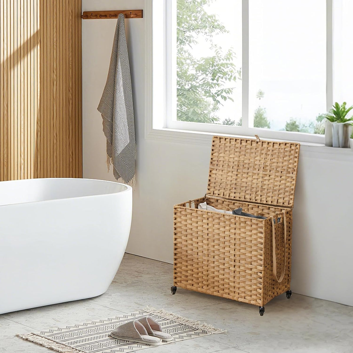 Laundry Hamper with Wheels, 52.8 Gallon(200L) Rolling Laundry Basket with Lid, Removable Large 3 Color Liners & 3 Mesh Laundry Bags, Clothes Hamper with Side Pocket, Natural