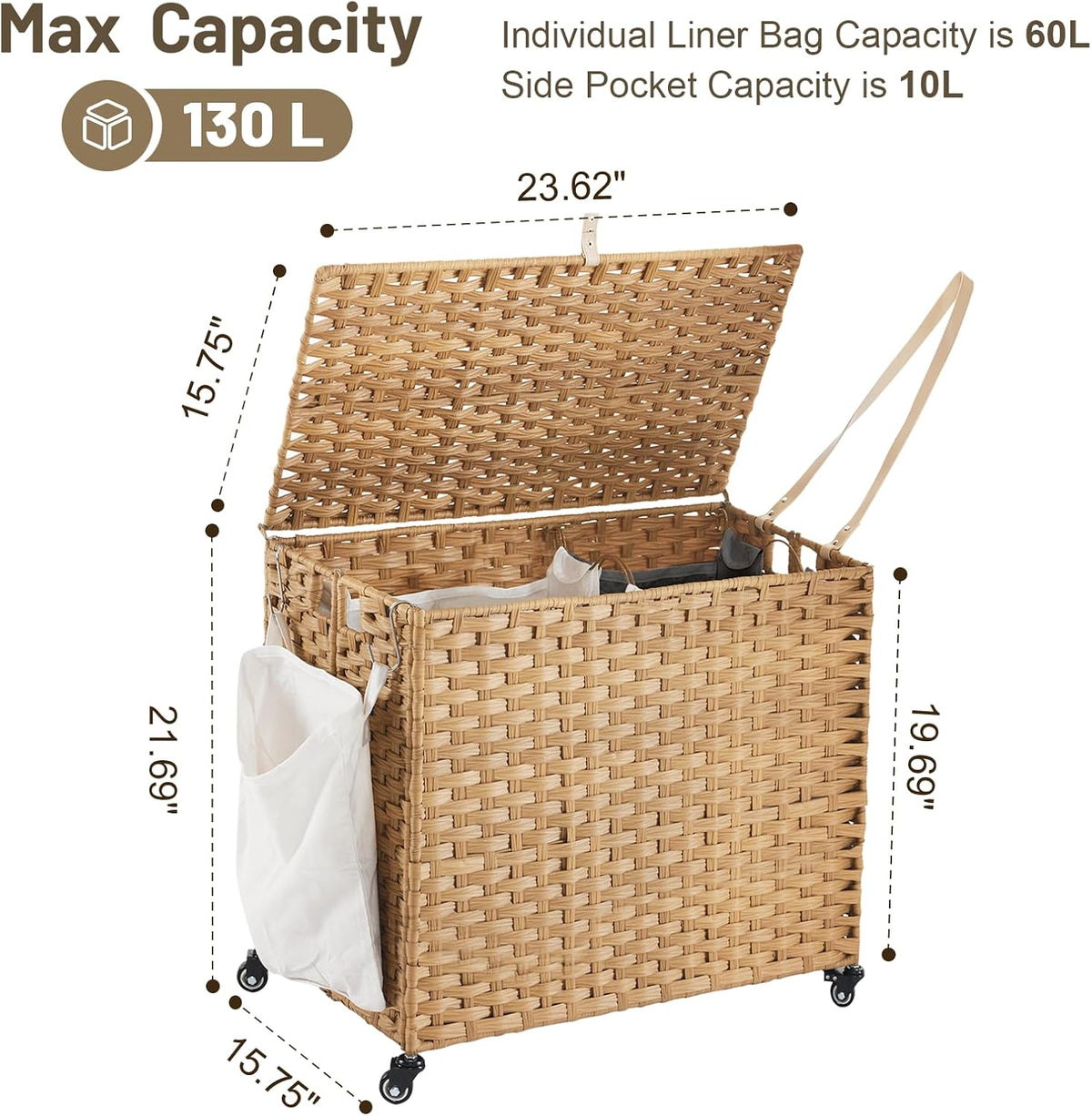 Laundry Hamper with Wheels, 52.8 Gallon(200L) Rolling Laundry Basket with Lid, Removable Large 3 Color Liners & 3 Mesh Laundry Bags, Clothes Hamper with Side Pocket, Natural