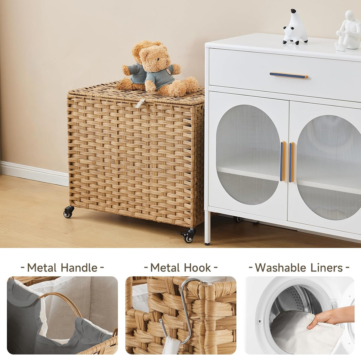Laundry Hamper with Wheels, 52.8 Gallon(200L) Rolling Laundry Basket with Lid, Removable Large 3 Color Liners & 3 Mesh Laundry Bags, Clothes Hamper with Side Pocket, Natural