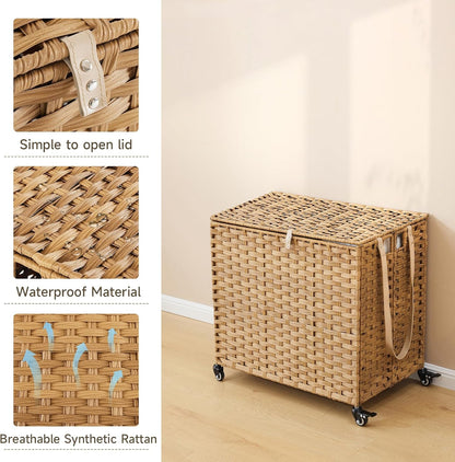 Laundry Hamper with Wheels, 52.8 Gallon(200L) Rolling Laundry Basket with Lid, Removable Large 3 Color Liners & 3 Mesh Laundry Bags, Clothes Hamper with Side Pocket, Natural