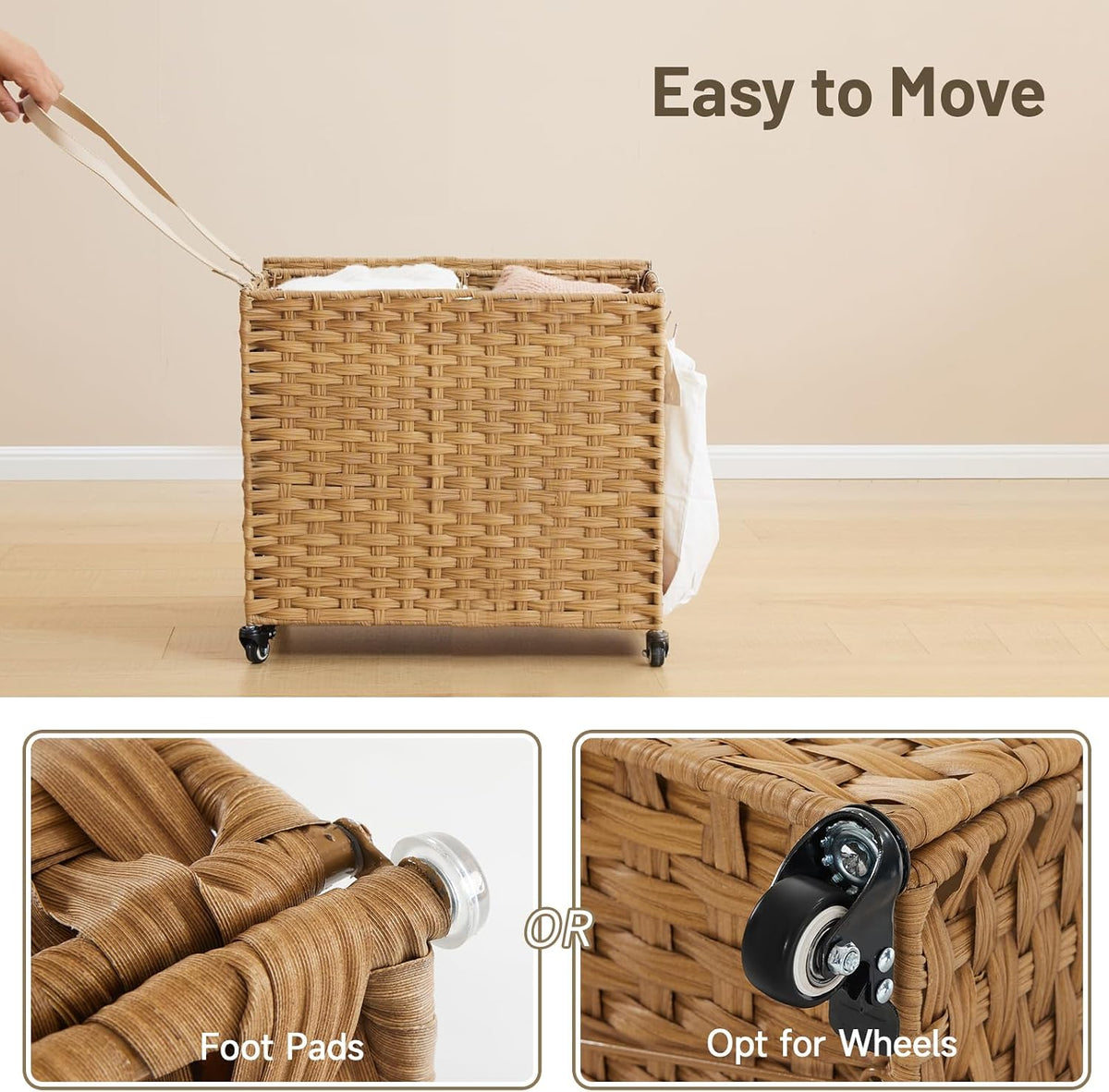 Laundry Hamper with Wheels, 52.8 Gallon(200L) Rolling Laundry Basket with Lid, Removable Large 3 Color Liners & 3 Mesh Laundry Bags, Clothes Hamper with Side Pocket, Natural